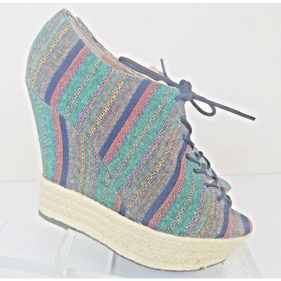Steve Madden Wedge Shoes 9.5M Canvas Lace-up Espadrille Green Stripes Peep Toe - Picture 2 of 6